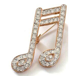 Clear Rhinestone Musical Note Brooch Pin Gold Tone Signed Roman